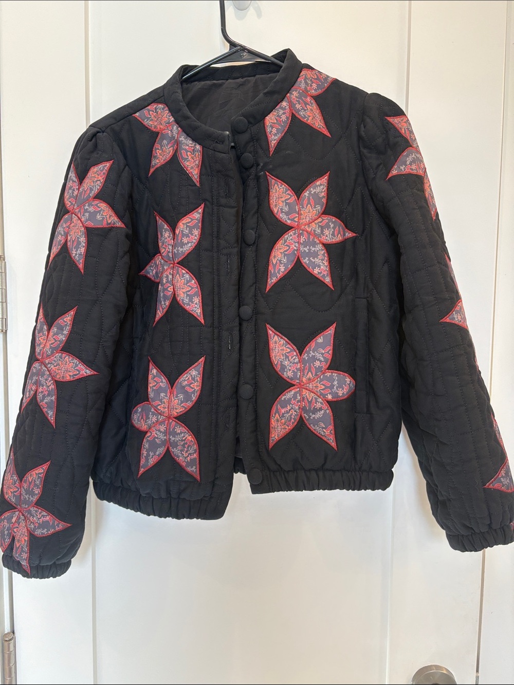 Black Quilted Floral Appliqué Jacket - Pink & Light Blue Star Flowers